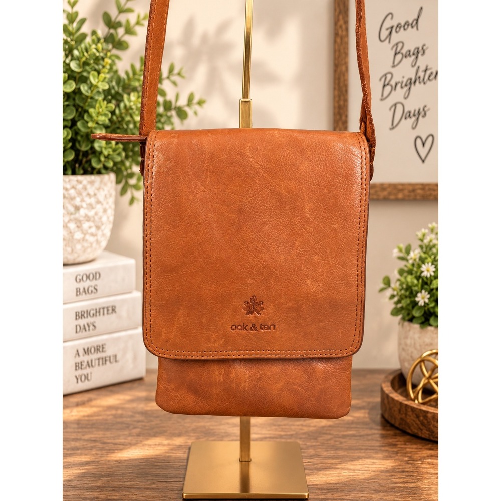 Oak & Ten Cognac Brown Leather Crossbody Bag Small Flap Messenger Wallet
